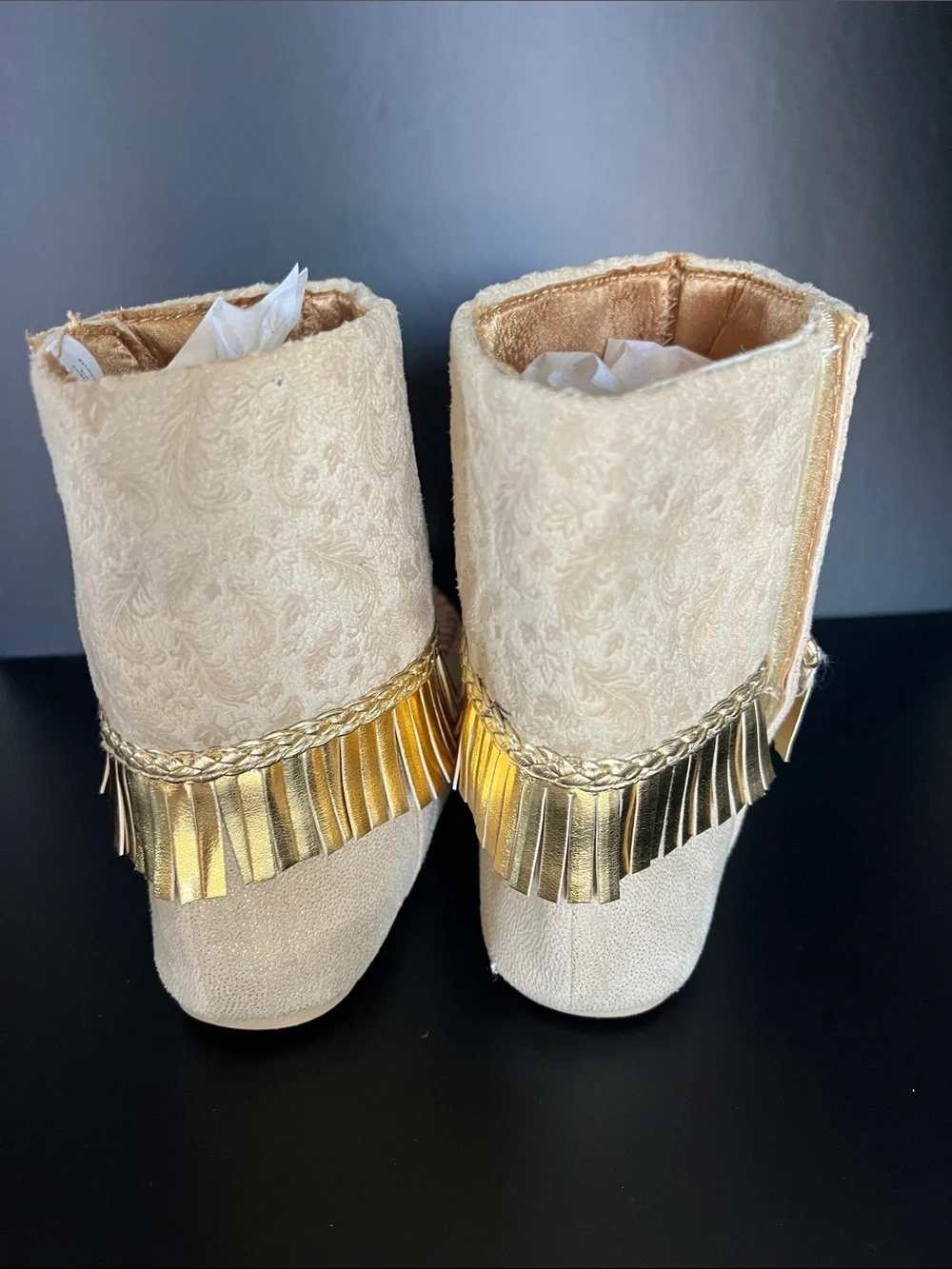 Disney Beige Moccasin Boots with Gold Fringe and Red Embroidery
